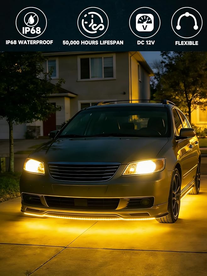 Led Light Strip Exterior Interior 24inch 5050 SMD Led Strip Light IP68 Waterproof Flexible Lights 12V for Car SUV Truck Marine Boat Golf Cart Yellow Pack of 4