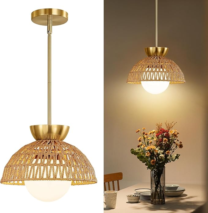 Rattan Pendant Light, 11.8" Hand Woven Boho Pendant Light Fixture with Milk Glass Globe, Gold Kitchen Pendant Lighting Over Island Adjustable Chandelier for Dining Room Hallway Foyer