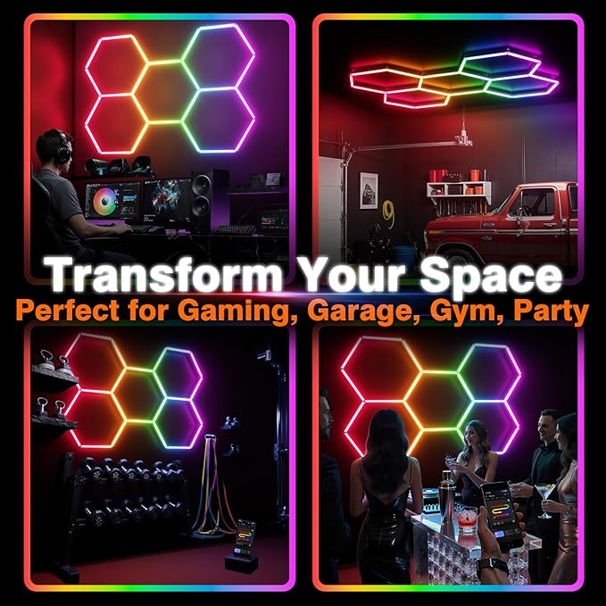 RGB Hexagon Garage Lights, Music Sync LED Hexagon Lights for Gaming Room, Smart App & Remote Control, DIY Honeycomb Ceiling Light for Studio Gym Basement Decor