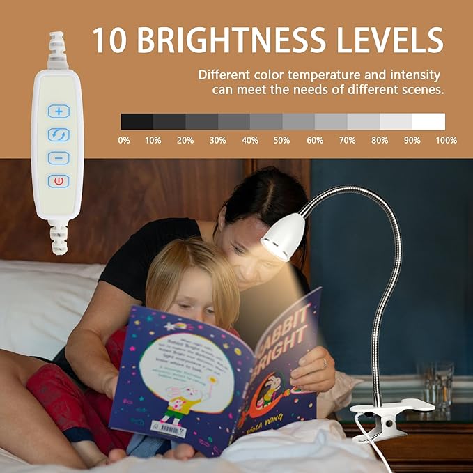 Desk lamp Eye-Caring Table Lamps, 360°Rotation Gooseneck Clip on Lamp Reading Light, Portable Reading Book Light, Clamp Light, Study Desk Lamps for Bedroom and Office Home Lighting (White with Dimme)