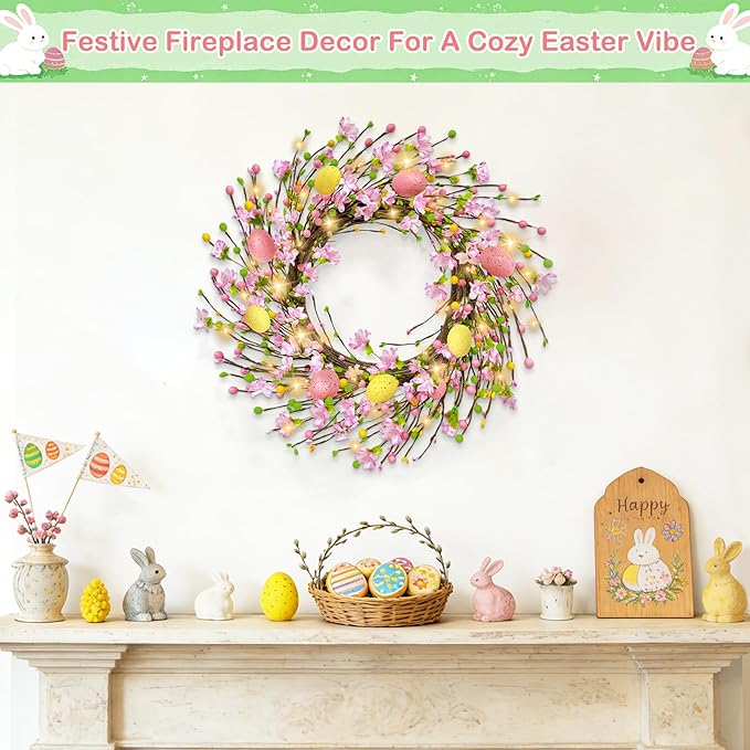 Timer - 20 Inch Easter Wreaths for Front Door with 20 Warm LED Lights Colorful Eggs, Battery Operated Easter Decorations fo Home Wall Window Indoor Outdoor Spring Holiday Decorations, Easter Gifts