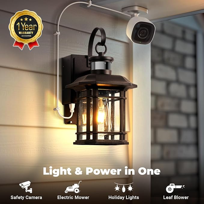 2 Pack Porch Light with GFCI Outlet, Distance and Time Adjustable Motion Sensor Outdoor Wall Lights, Bronze Outside Sconce Lights for House Garden Patio Garage, Waterproof