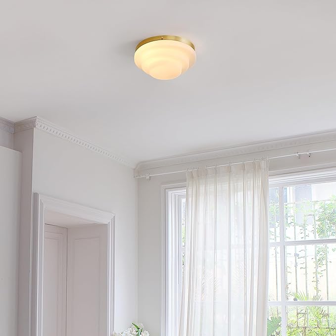 GLOBE Electric 66000081 2-Light Flush Mount Ceiling Light, Matte Brass Finish, Tiered White Milk Glass Shade, E12 Base, Dimmable