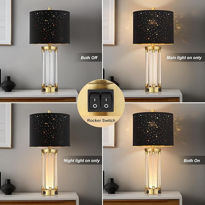 QiMH Gold Table Lamps Set of 2 with USB A+C Ports, Morden Bedside Lamps with Night Light, Unique Star Hallow Black Shade Lamp for Night Stands, Lamps for Bedroom, Office and End Tables(Bulb Included)