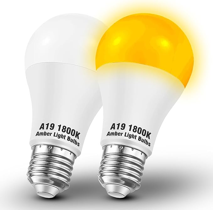 A19 Amber Sleep Light Bulbs, 1800K Warm Light Bulb 60W Equivalent, Blue Light Blocking, 9W 800lm, E26 Bright Amber Light Bulb for Healthy Sleep, Bedroom, Porch, Patio Lighting, Non-Dimmable, 2 pack