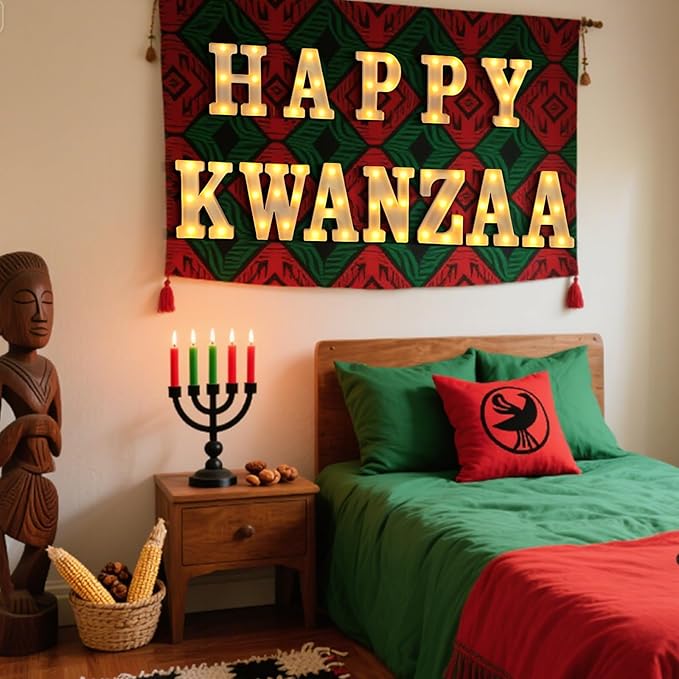 11 Pcs Happy Kwanzaa Large LED Letter Sign LED Lights Battery Powered Table Decorations for Party Favor Light Centerpiece Tabletop Decoration