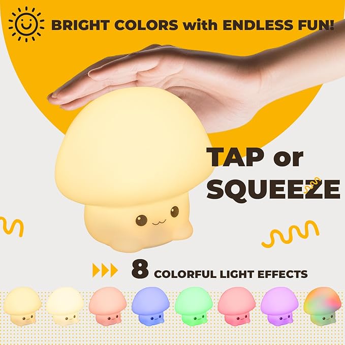 Adorable LED Squishy Animal Night Light - 2 Level Dimmable Nursery Lamp for Kids, Rechargeable Touch Lamp, Cute Dorm Decor - Perfect Baby Boys Girls Gift (Cartoon Mushroom)