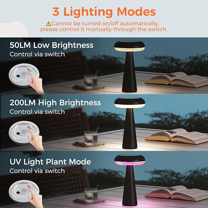 Solar Yard Solar Table Lamp Outdoor Water-Resistant, Cordless USB Table Lights for Patio, 3 Lighting Modes Solar Desk Lamp for Garden Outside Patio Bedroom Living Room, Black
