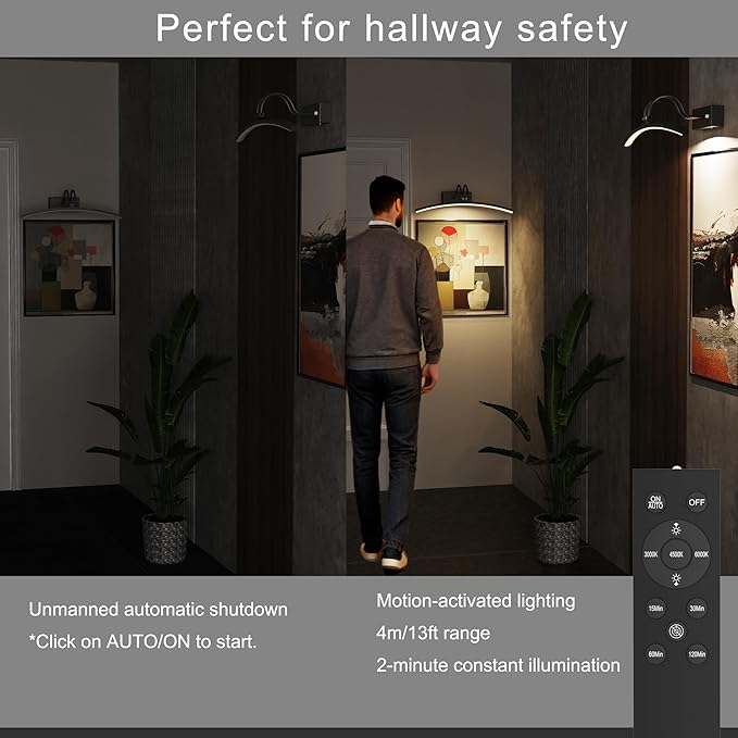 PAIHOME Lights for Pictures on Wall, Rechargeable Magnetic Picture Light with Smart Motion Sensor, Remote Dimmable & Timer, ‌16in Wireless Black Art Lighting for Paintings Gallery Portraits