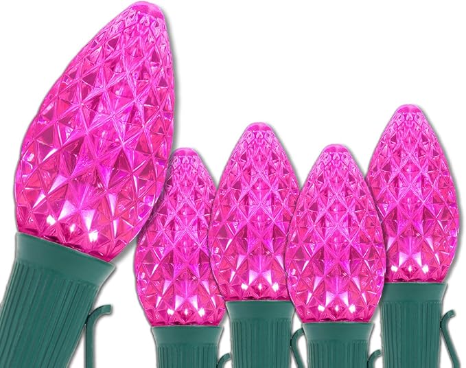 25 C7 OptiCore Commercial Pink Christmas Lights – LED Outdoor Lights for Holiday, Party, Bedroom, Reveal; Heavy Duty Green Wire (25 ft)