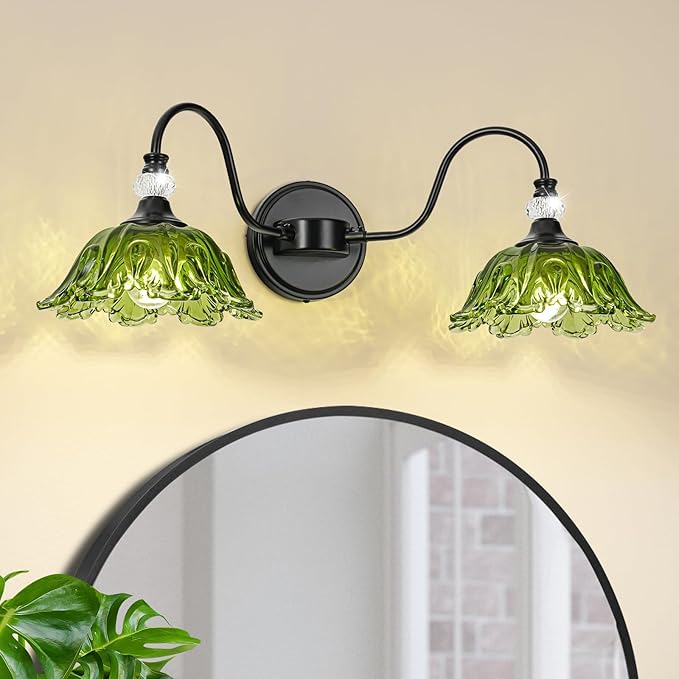 Black Bathroom Vanity Light, 2-Light Vanity Light with Floral Green Glass Shades,Vintage Farmhouse Wall Mount Lighting for Bathroom, Dressing Table