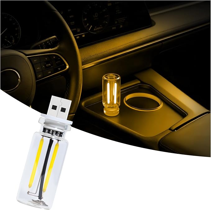 Car USB Night Light Touch Dimmable - 1-Pack Retro LED Filament Lamp for Truck Interior, Bedroom & Camping | Glass Bottle Ambiance Lighting (Yellow)