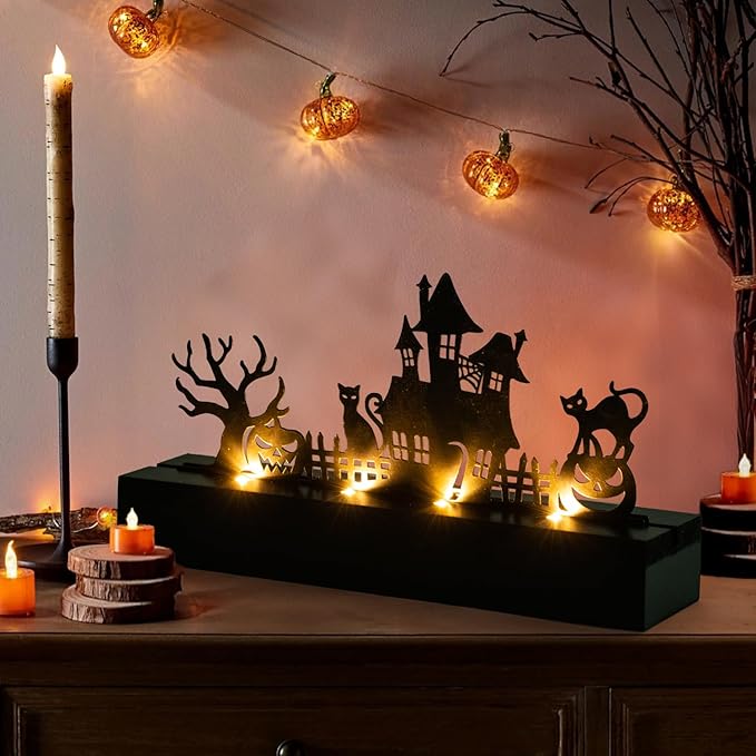 Halloween Table Decor Led Lights Silhouette Decoration Metal Horror Pumpkin Battery Operated Indoor Decoration for Tabletop,Party, Home, Window