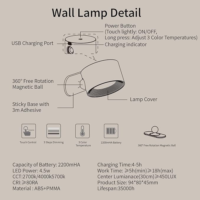 Led Wall Sconces, Wall Lamps with Battery Operated, Wall Mounted Cordless Lights with 3 Color Temperature&3 Brightness, 360° Magnetic Ball, USB Charging Port for Reading Study Bedside