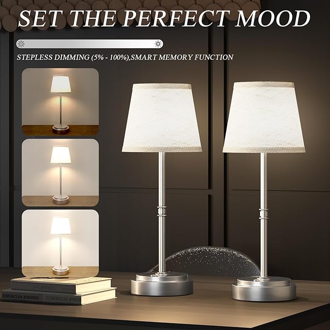 Cordless Table Lamp Rechargeable - Portable LED Desk Lamp for Dining Room,Bedroom,Patio - 2-in-1 Adjustable Height (16"/11") Touch Light - Stepless Dimmable(Warm White) (Silver, 2 Pack)