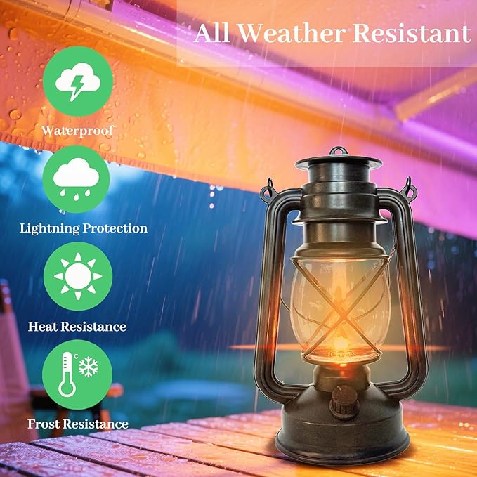 2 Pack LED Vintage Lantern Battery Powered Lanterns with Flame Wick Waterproof Camping Lamp Vintage LED Flame Lamp Hanging Lantern Lights Landscape Patio Garden Pathway Decor for Indoor/Outdoor Use