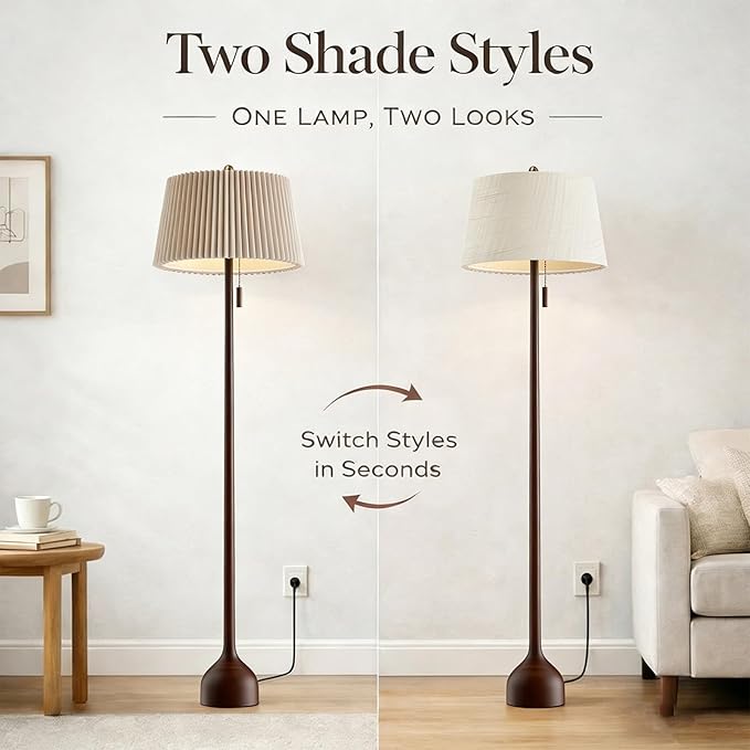 MOFFE 65" Mid Century Modern Vintage Real Wood Floor Lamp with 2 Shades for Two Looks,Sculptural Standing Lamp with Teardrop Base & Wooden Pull Chain for Living Room Bedroom Sofa Side (Bulb Included)