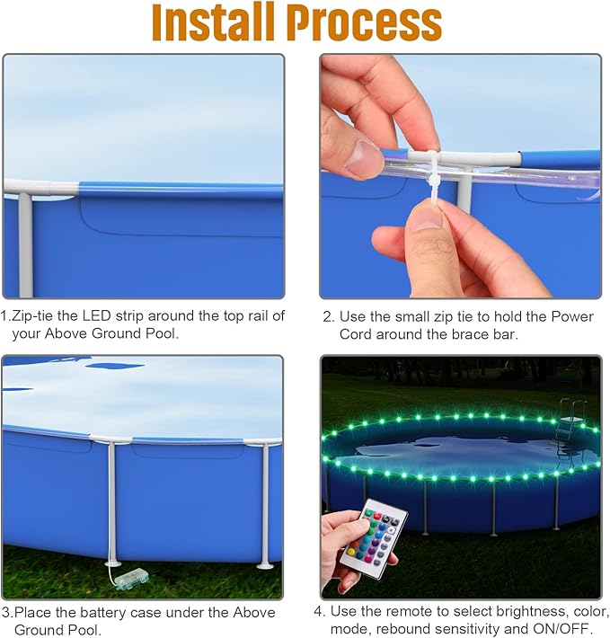 Remote Control LED Lights for Above Ground Pools, 15Ft Submersible Rim Lights, C Battery Box, 16 Color Changing at Night, Waterproof
