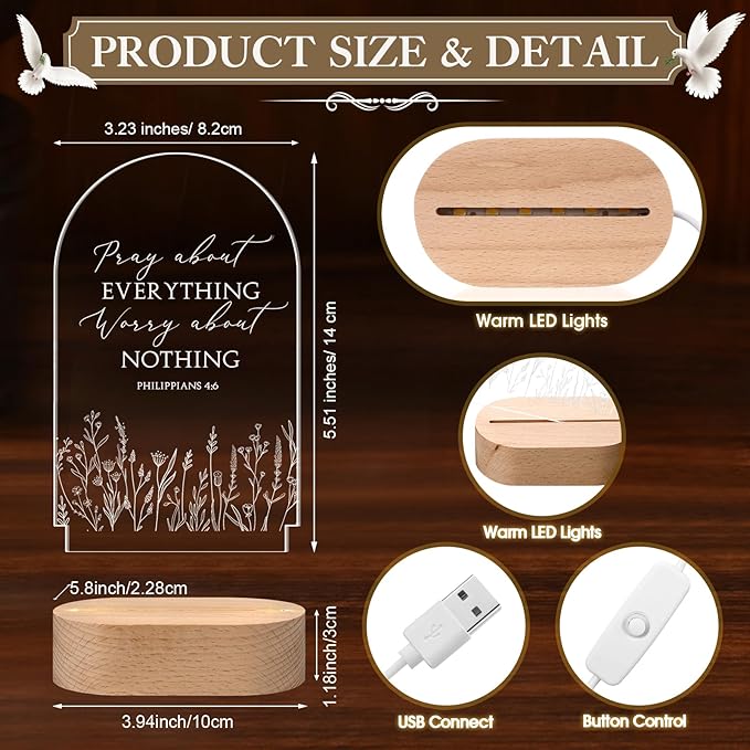 6 Pcs Christian Acrylic Night Light Bulk Mothers Day Religious Faith Church Gifts for Women Ladies Group Bible Verse Scripture LED Lamp with Wood Base for Easter Decor Men Clergy Pastor