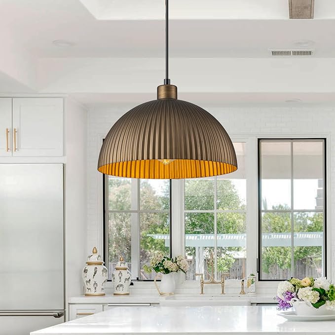 Lingkai Vintage Antique Brass Dome Pendant Light, 11.8'' Pendant Lights Kitchen Island, Hanging Ceiling Light Striped Metal Shade