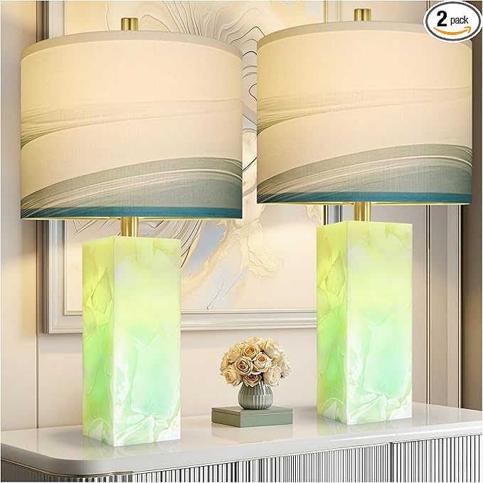 Scenekoy 23" Alabaster Table Lamp Set of 2 with Night Light for Bedroom Living Room, Rotary Switch, Blue Table Lamp with Linen Shade, Modern Nightstand Lamps for Room Bedside Bedroom (Bulb Included)