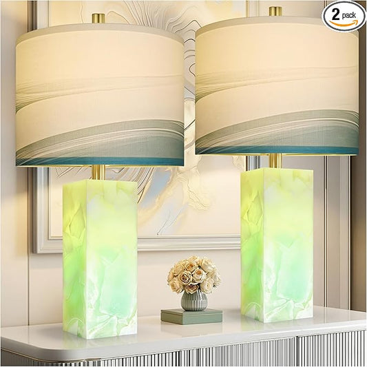 Scenekoy 23" Alabaster Table Lamp Set of 2 with Night Light for Bedroom Living Room, Rotary Switch, Blue Table Lamp with Linen Shade, Modern Nightstand Lamps for Room Bedside Bedroom (Bulb Included)