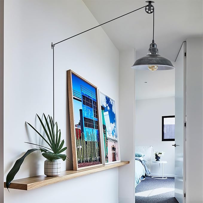 Plug in Pendant Light With Switch,Vintage Industrial Design,16.4ft Cord,Adjustable Pulley,Easy Install,Ideal For Living Room,Pool Table,Bedroom,Kitchen,Sloped Ceiling,Bar,Outdoor Shed(Silver Black)