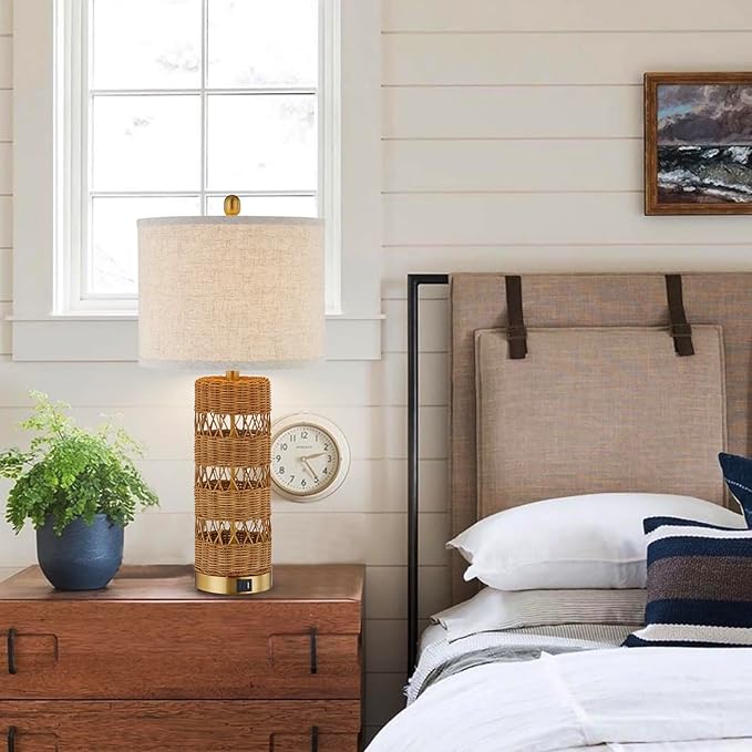 Boho Rattan Stylish & Functional & Versatile Decor USB Table Lamps Set of 2-28" Farmhouse Bedside Lights,Bulbs Included