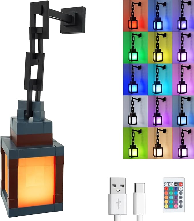 Pixelated Lantern Night Light Lamp - 16 Color RGB Table or Hanging Pixel Mood Light with Chain - Wall Mountable Touch Switch & Remote Control Rechargeable Torch Room Decor LED Light