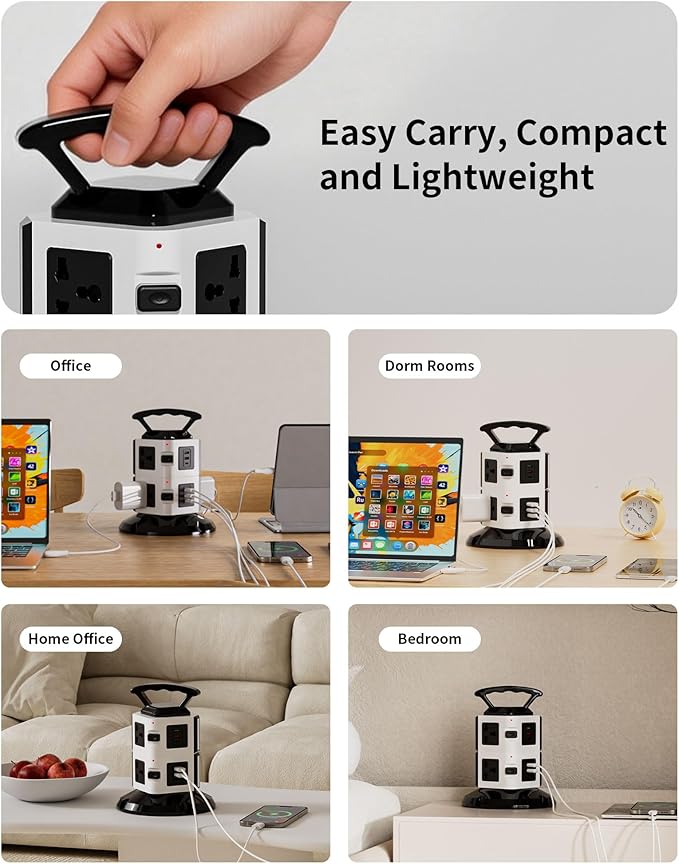 Power Strip Tower with 6 Outlets, 4 USB-A & 2 USB-C Ports, 1875W/15A Heavy Duty Charging Station for Multiple Devices, Plug Tower with 6ft Extension Cord, for Home, Office, Dorm