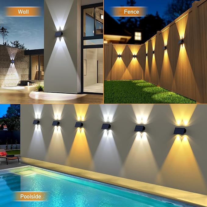 Solar Fence Lights,8Pack Solar Lights Outdoor 2700/4500/6000K 3 Mode Up & Down Solar Wall Lights Waterproof 100 Lumens Solar Powered Fence Light for Backyard/Pool/Railing/Patio/Porch/Step