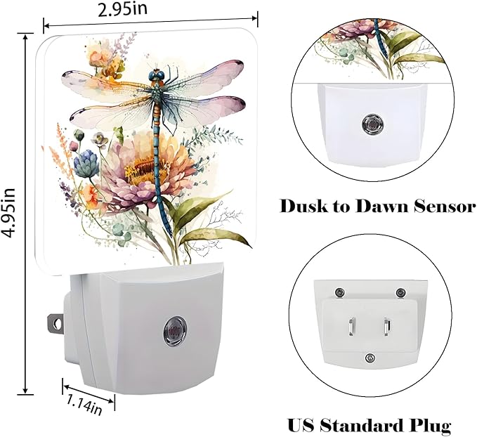 Watercolor Dragonfly Night Light,Plug Into Wall Decor for Stairway,Hallway,Kitchen,Dusk to Dawn Sensor Nightlights for Boys/Girls/Women/Men Room Gifts