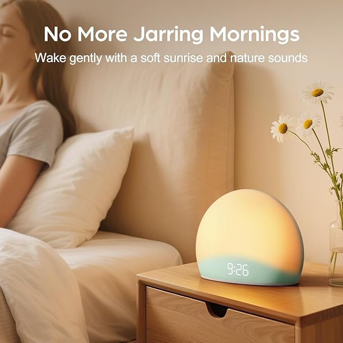 HOUSBAY Sunrise Alarm Clock, White Noise Sound Machine for Bedroom | Natural Wake-Up Light with Gentle Alarm Sounds, 20 Soothing Sleep Aids, Dimmable Display, Screen-Free Design - Teal