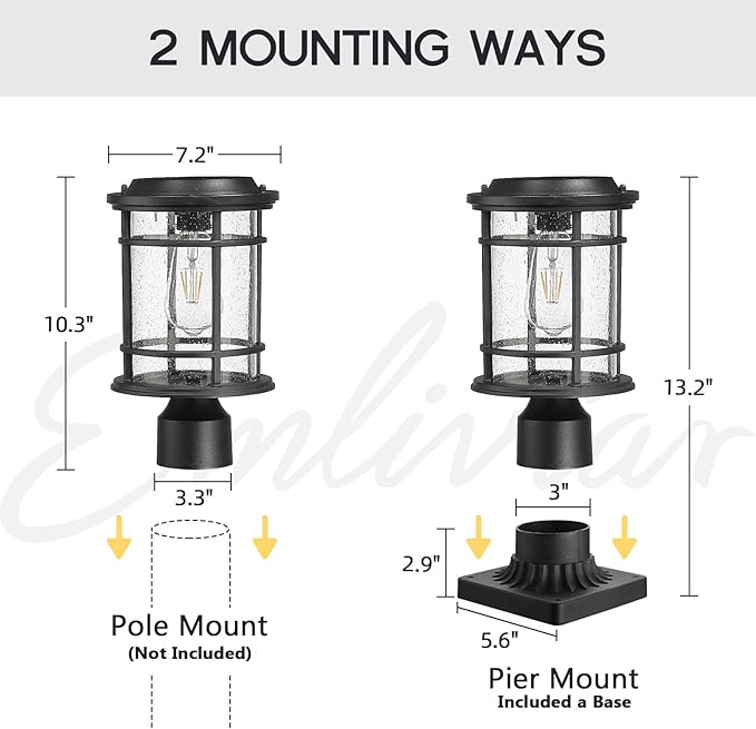 Emliviar 13 Inch Outdoor Solar Post Light, Dusk to Dawn Post Lighting Fixture with Remote Control, Removable Pier Mount with Seeded Glass, XE229P-SL BK