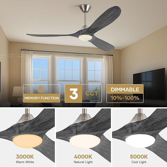 60 Inch Indoor Outdoor Ceiling Fans with Light - Modern Wood Propeller Ceiling Fan with Light 6 Speed Quiet Reversible DC Motor, High Velocity Damp-rated Exterior Ceiling Fan for Patios Bedroom Office