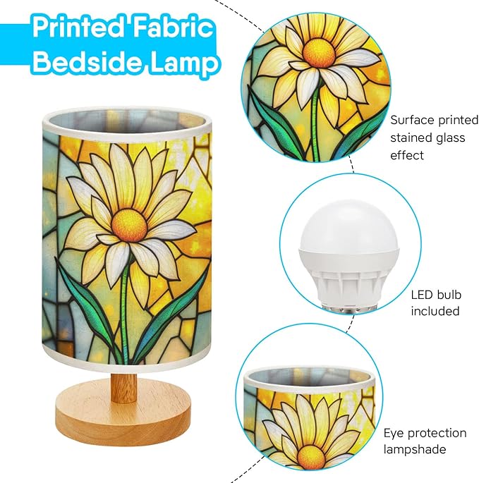 Daisy Table Lamp LED 3-Color Pressed Bedside, Daisy Shade Lamp with Wood Base for Bedroom Living Room Desk Office TL01