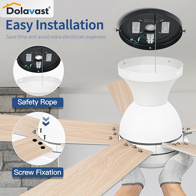 Ceiling Fans with Lights and Remote, 48 Inch Ceiling Fan with Light, Low Profile, Reversible, Dimmable LED, Flush Mount, Quiet, DC Motor, White Ceiling Fan for Bedroom, Kitchen, Dining Room