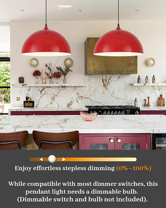 Red Pendant Lights Kitchen Island, 16" Dome Pendant Light, Modern Farmhouse Pendant Light for Kitchen Island, Dining Room, Cafe, Bar, 2 Pack