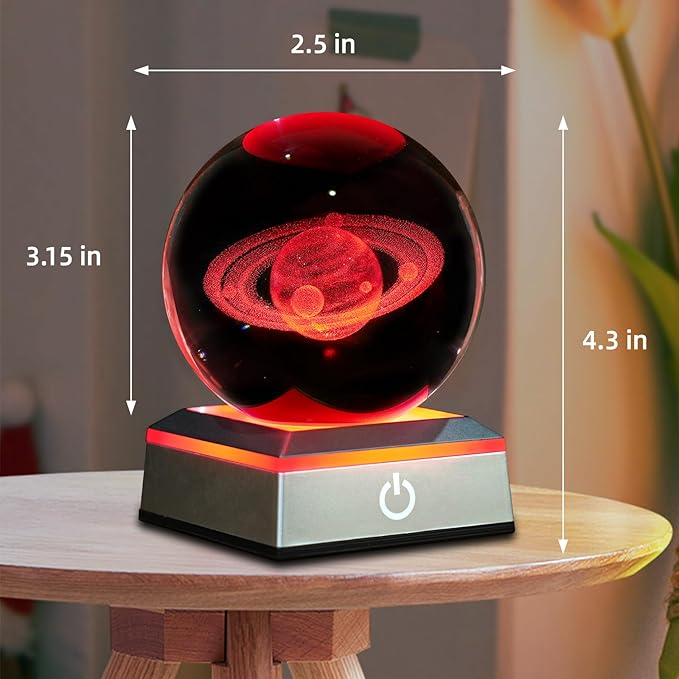 3D Saturn Crystal Ball Night Light 3.15 inch Glass Ball Table Lamp with Color Changing Touch Base Decor Ideal Saturn Gifts for Friends Kids Christmas Birthday