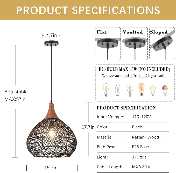 Black Rattan Pendant Light, 15.7" Rattan Chandelier Hand-Woven Wicker Pendant Light Fixtures with Solid Wood, Basket Hanging Lighting for Dining Room Kitchen Island Living Room