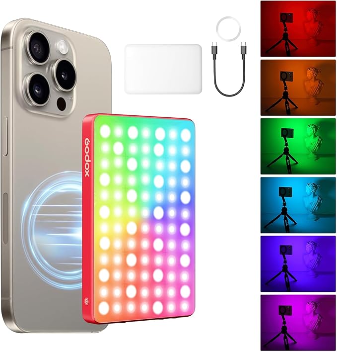 GODOX MA5R LED Fill Light with Soft Diffuser Magnetic Charging Phone Selfie Lighting Mini on Camera Lights 1800K-10000K 14 FX Modes for Selfies, YouTube, TikTok, Vlogging, Video Conferences (Red)