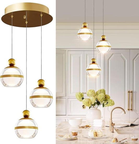 Modern Pendant Lights Gold Globe Cluster Hanging Pendant Light Fixtures Acrylic LED Pendant Lighting Kitchen Island for Dining Room Living Room Bedroom 3 Light