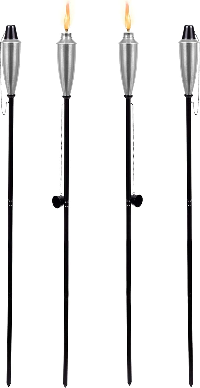 BIRDROCK HOME 60" Outdoor Torches - Durable Construction, Modern Design, Weather Resistant, Citronella Oil Compatible, Ideal for Backyards, Patios, Pathways - Garden Silver, 4 Pack