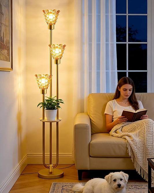Glass Floor Lamp with Table, 62'' Gold Standing Tall Lamps with Brown Glass Shade, 3000K Warmwhite Mid Century Modern Floor Lamp for Living Room/Bedroom/Sofa Beside/Home Corner