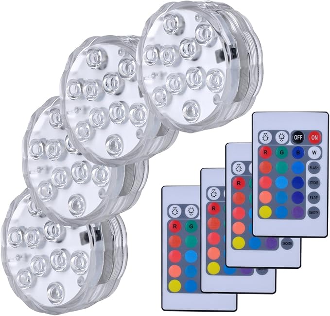 Submersible LED Lights, 4PCS Waterproof Underwater Remote Controlled Battery Operated Wireless, Multicolor Submersible Led Lights for Christmas, Pond, Party, Wedding, Vase Base Decorations