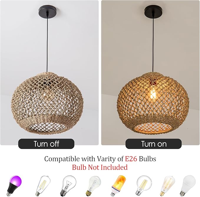 13.77" Woven Rattan Pendant Light,Hand-Woven Water Plants Rattan Chandelier 1-Light Boho Wicker Coastal Retro Ceiling Chandelier Lighting,for Kitchen Island Restaurant Craft Farmhouse