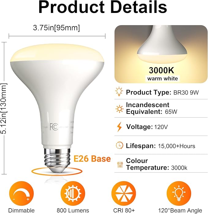 TJOY LED Flood Light Bulb 4 Pack, Recessed Ceiling Bulb, BR30, 65W Equivalent Efficient 9W, Dimmable, E26 Base, Warm White 3000K, 10 Year, 800 Lumens, 80CRI, LED Ceiling Light for Kitchen, Living room