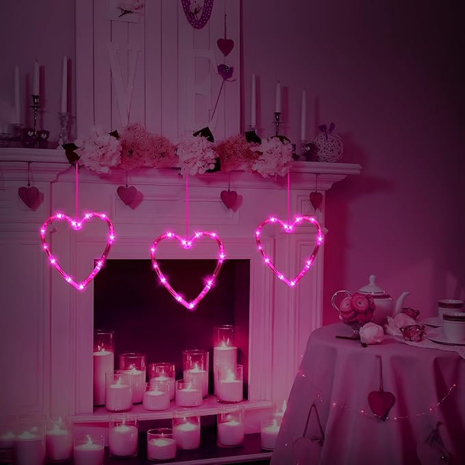 3 Pack Valentines Day Window Lights Decorations with Timer, Battery Powered Hanging Pink Lighted Heart Shaped Sucker LED Lamp for Fireplace Indoor Home Decor