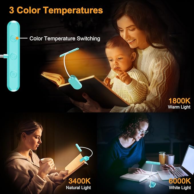 Gritin Rechargeable Book Light for Reading in Bed with 19 LED &Memory Function-Eye Caring 3 Color Temperatures,5 Brightness Levels,90 Hrs Runtime Flexible Goose Neck Clip on Light-Blue