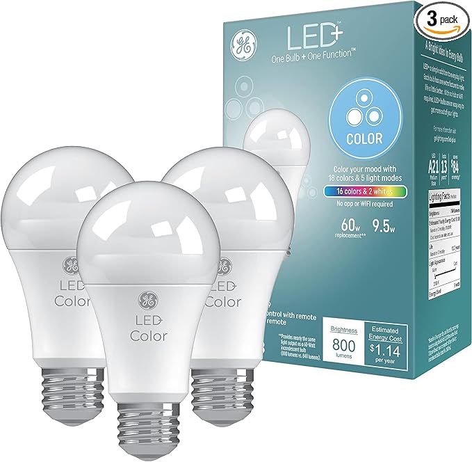 GE LED+ Color Changing LED Light Bulbs with Remote, No App or Wi-Fi Required, A19 Bulbs (3 Pack)